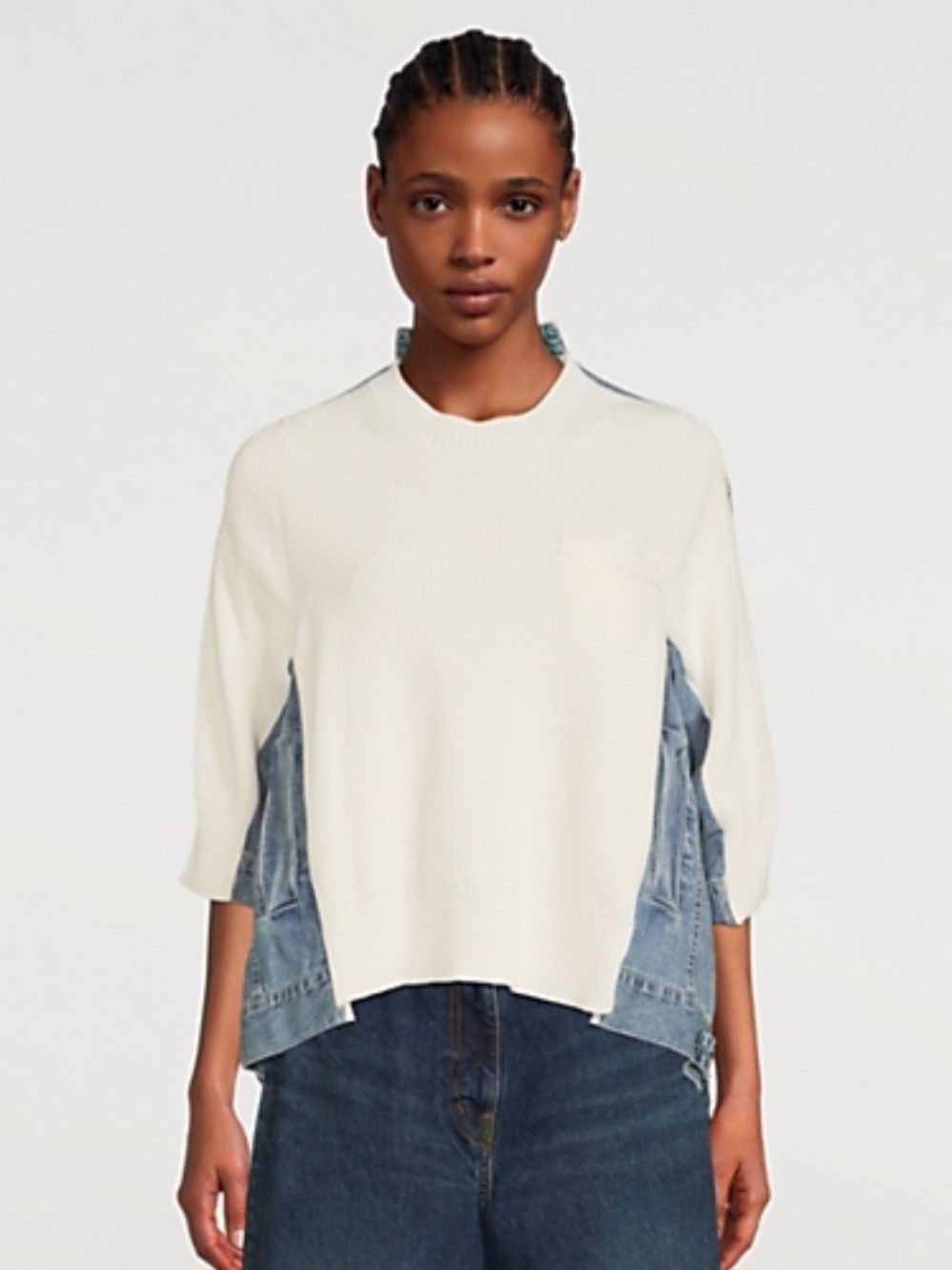 Sacai White Knit Crewneck with Denim Size 1 (XS)